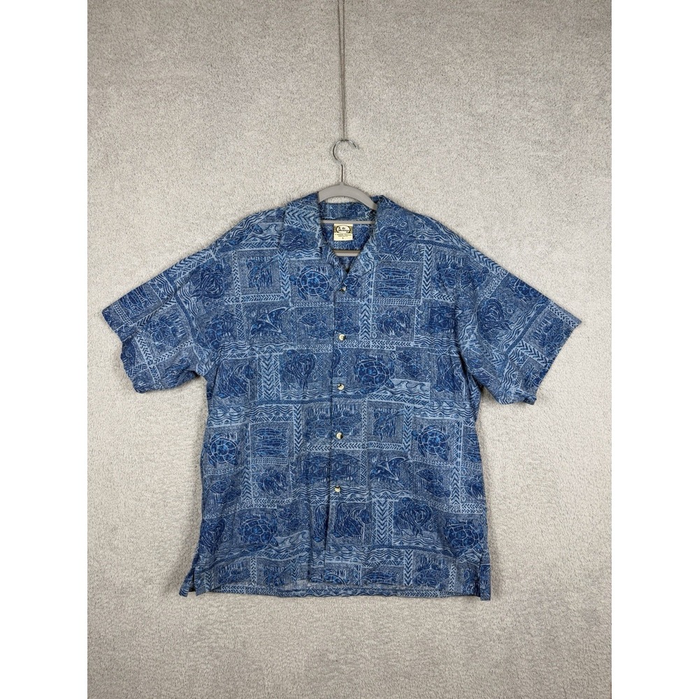 Go Barefoot Hawaiian Aloha Shirt Blue Sea Turtle Tribal Print Made USA Men's L